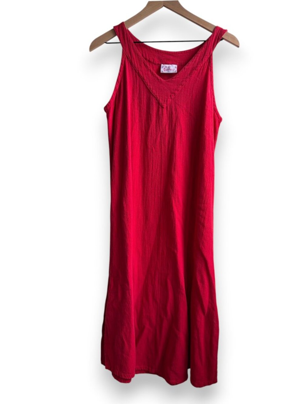 Vintage 90s Cotton Red Gauze Crepe Midi Dress Lagenlook gauzeway